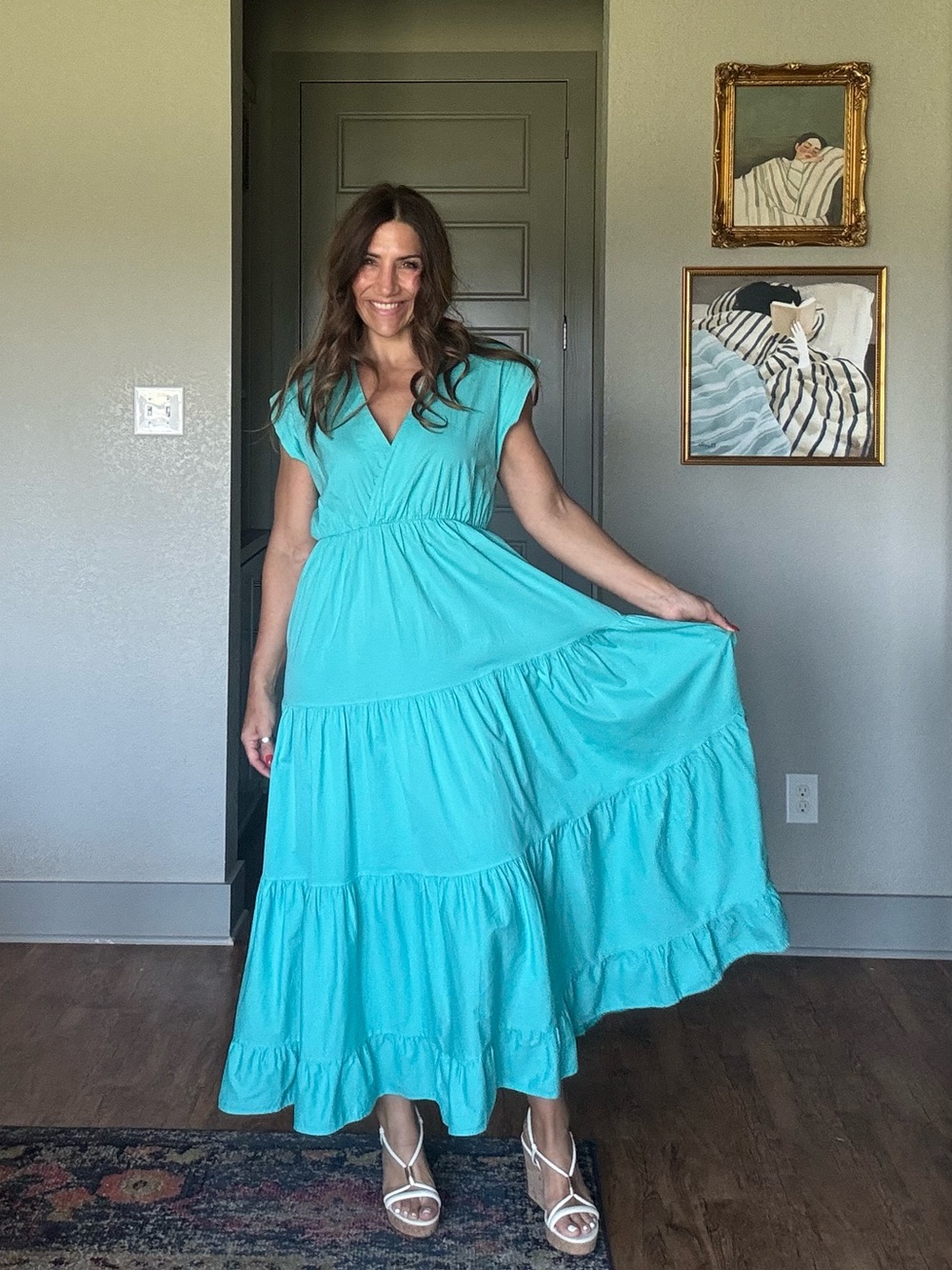 Sofia Made in Italy Aqua Tiered Maxi Dress Cotton Blend Boho Resort